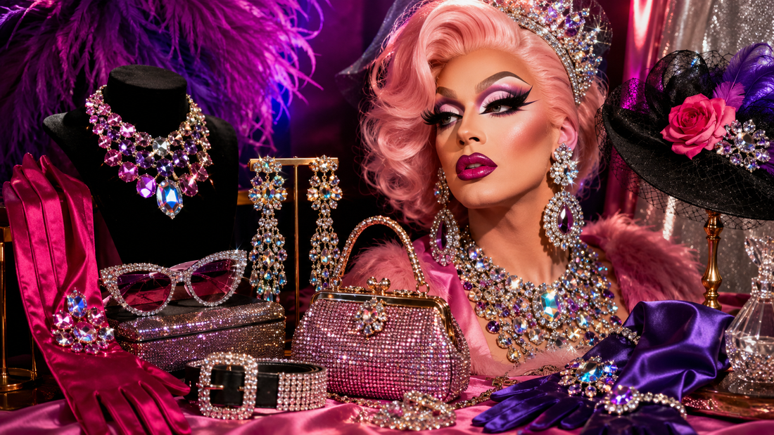 Drag Queen Accessoires mit funkelndem Schmuck, Sonnenbrille, Tasche, Handschuhen und Glamour-Details auf rosa Hintergrund.