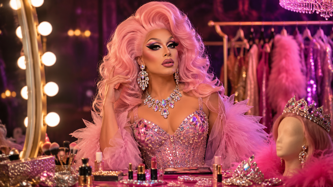Drag Queen mit rosa Perücke, glitzerndem Korsett, glamourösem Make-up und Schmuck vor einem Schminktisch.