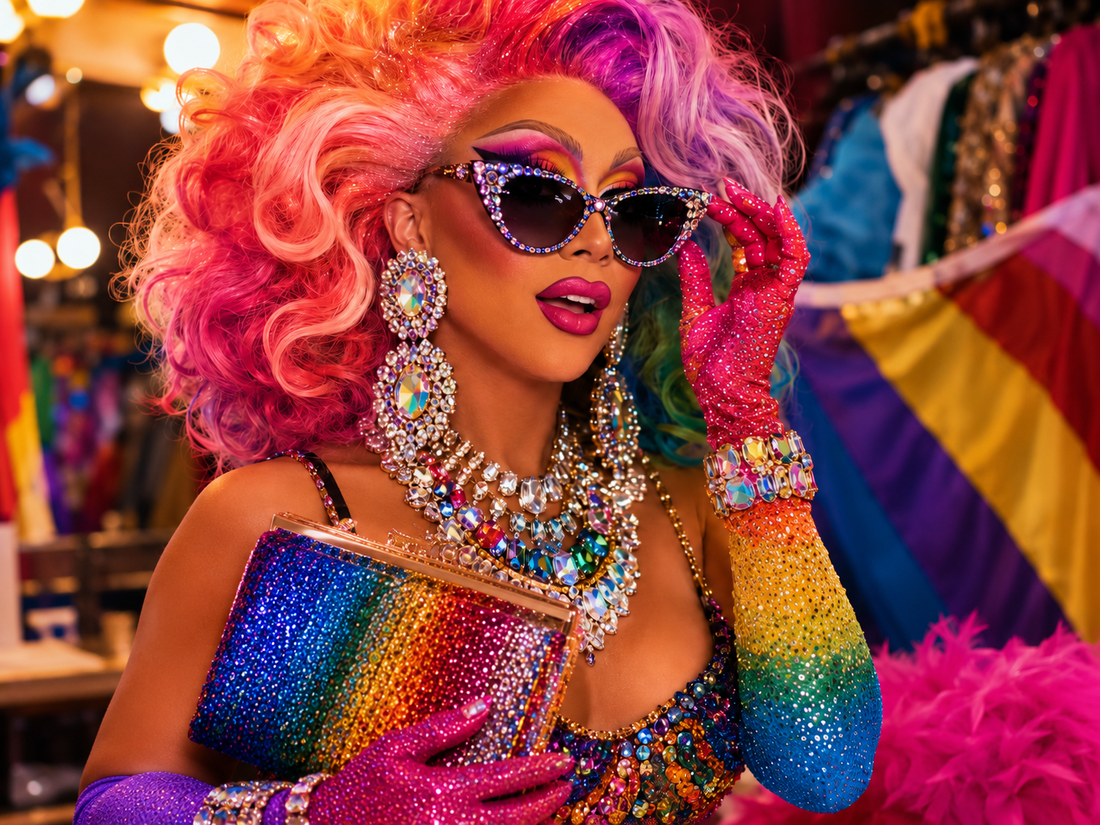 Drag Queen mit Pride-inspirierten Accessoires, großen Ohrringen, glänzender Sonnenbrille, Handschuhen und Bühnenschmuck.