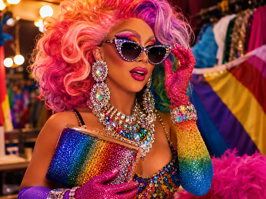 Drag Queen mit Pride-inspirierten Accessoires, großen Ohrringen, glänzender Sonnenbrille, Handschuhen und Bühnenschmuck.
