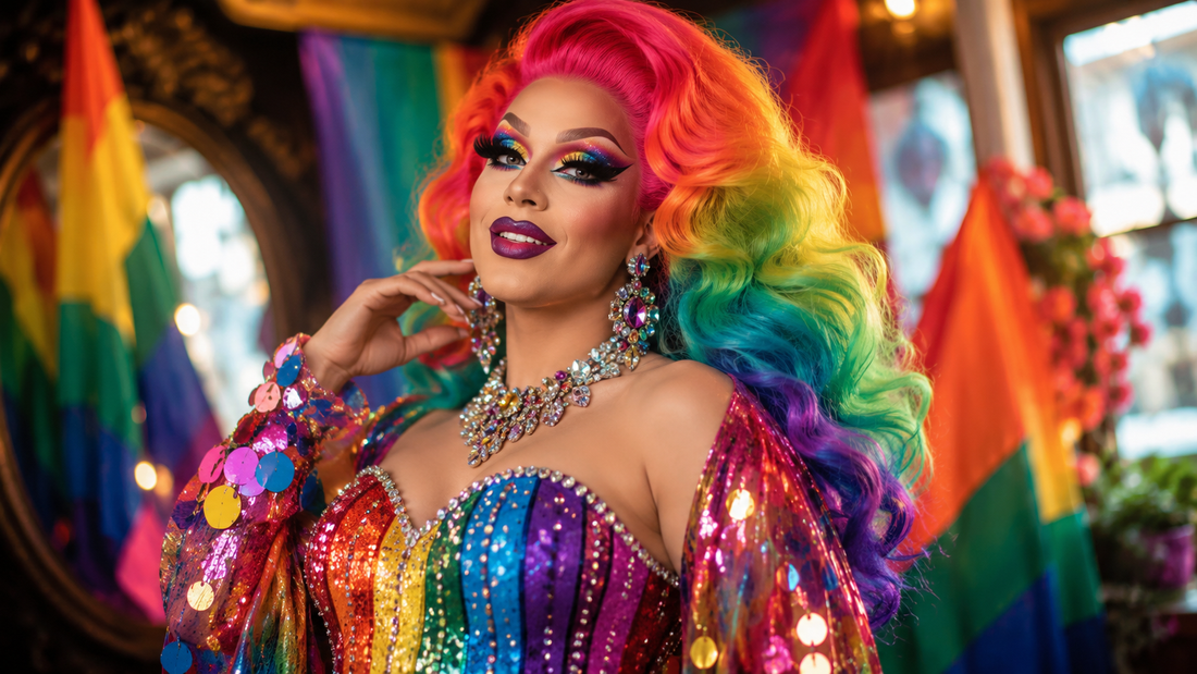 Drag Queen mit Perücke, glitzernder Corsage und glamourösen Accessoires für ein farbenfrohes CSD Outfit.