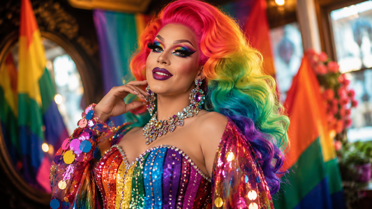 Drag Queen mit Perücke, glitzernder Corsage und glamourösen Accessoires für ein farbenfrohes CSD Outfit.