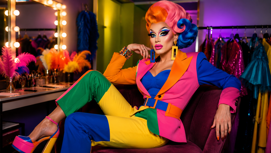 Drag Queen mit intensivem Color-Blocking-Look, voluminöser Perücke, dramatischem Make-up und glänzenden Accessoires in einer beleuchteten Garderobe.
