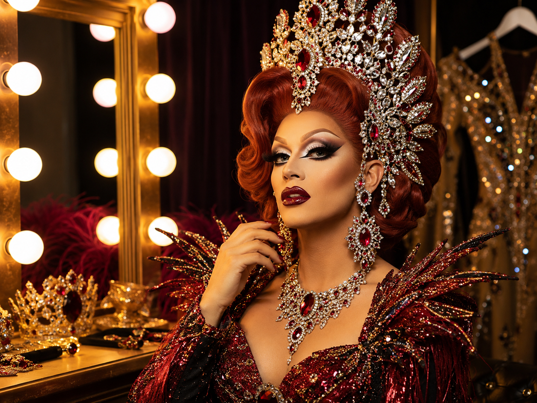 Drag Queen mit glitzerndem Diadem und dramatischem Kopfschmuck in einer glamourösen Garderobe mit Schmuck und Bühnenoutfits.