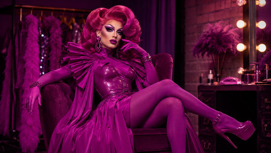 Drag Queen in monochromem pinken Look mit voluminöser Perücke, glitzerndem Korsett, passenden Schuhen und Schmuck in einer glamourösen Garderobe.