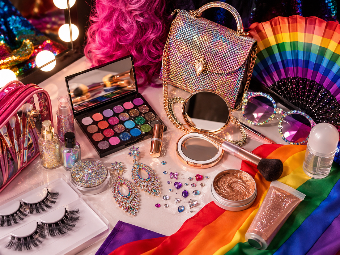 Drag Queen bereitet ihr Pride-Festival-Kit mit Make-up, Perücke, Plateauschuhen, funkelndem Zubehör und Bühnenoutfit vor.
