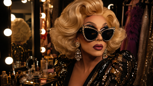 Drag Queen mit auffälliger Sonnenbrille, dramatischem Make-up, voluminöser Perücke und glitzerndem Zubehör in einer glamourösen Garderobe.