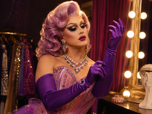 Drag Queen im Backstage-Bereich mit langen glänzenden Handschuhen, auffälligem Schmuck, starkem Make-up und Bühnenoutfit.