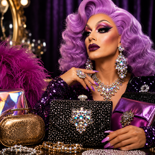 Drag Queen mit glänzender Clutch in einem glamourösen Backstage-Bereich.