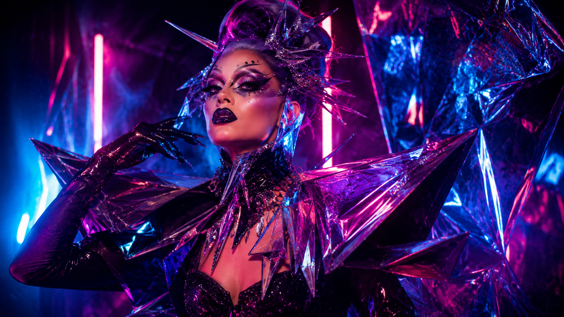 Drag Queen mit Avantgarde-Look, grafischem Make-up, skulpturaler Perücke und dramatischem Zubehör in einer Theatergarderobe
