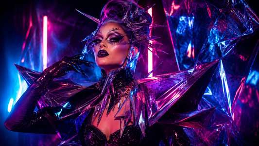 Drag Queen mit Avantgarde-Look, grafischem Make-up, skulpturaler Perücke und dramatischem Zubehör in einer Theatergarderobe