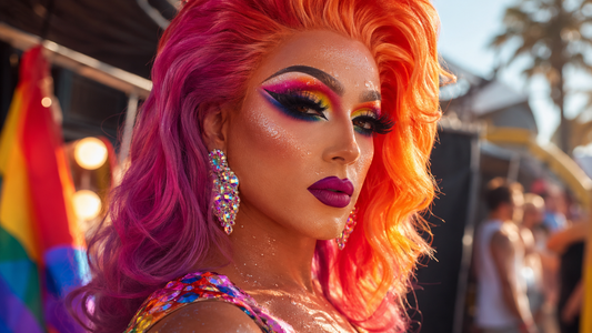 Drag Queen mit hitzefestem Make-up, dramatischen Wimpern und glänzendem Pride Festival Look.