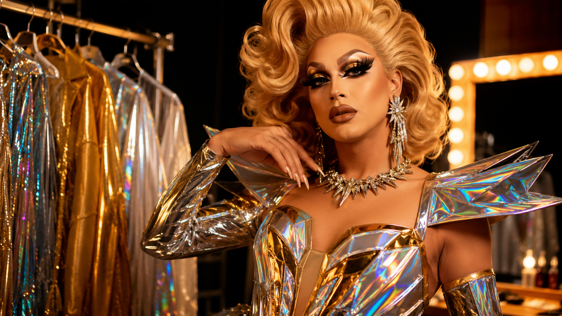 Drag Queen in einem metallischen Gold-, Silber- und Holographic-Bühnenlook mit dramatischem Make-up, voluminöser Perücke, funkelndem Schmuck und reflektierendem Outfit.