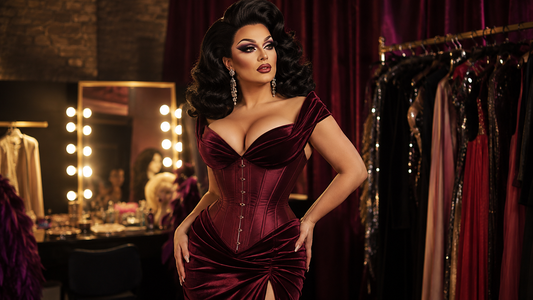 Drag Queen in einem strukturierten Kleid mit Corsage, Polsterung und glamouröser Bühnensilhouette im Backstage-Bereich