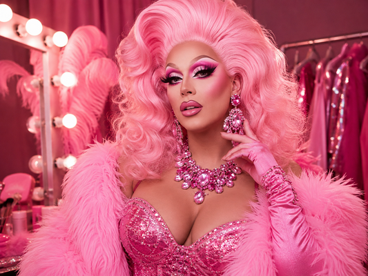 Drag Queen mit rosa Perücke, glamourösem Make-up, funkelndem Outfit und Bühnenaccessoires in Pink- und Rosatönen.