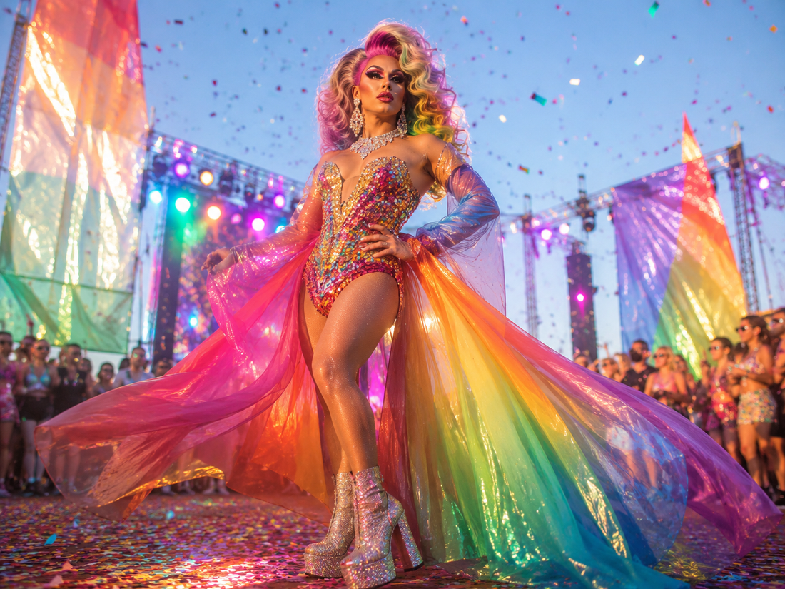 Drag Queen in auffälligem CSD- und Festival-Look mit bunter Perücke, Plateaustiefeln und glänzenden Accessoires.